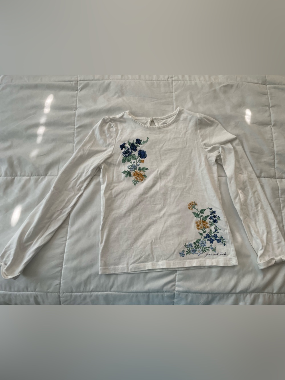 Janie and Jack White Long-Sleeve Tee with Blue & Yellow Floral Embroidery